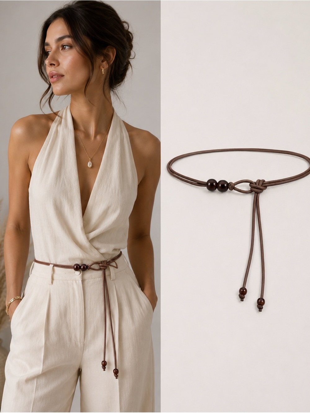 Brown Bead Tie Waist Belt